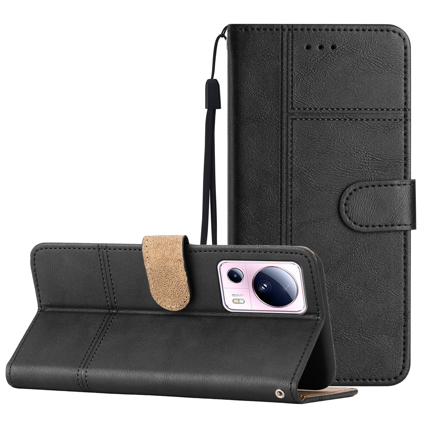For Xiaomi 13 Lite / Civi 2 5G PU Leather Phone Wallet Case Line Imprinted Cowhide Texture Stand Cover