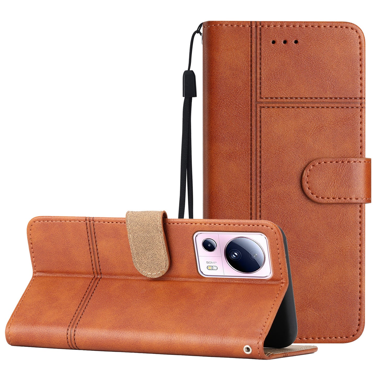 For Xiaomi 13 Lite / Civi 2 5G PU Leather Phone Wallet Case Line Imprinted Cowhide Texture Stand Cover
