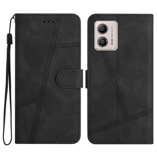 For Motorola Moto G73 5G Skin-touch Imprinted Line Cover with Wallet Stand PU Leather Phone Shell