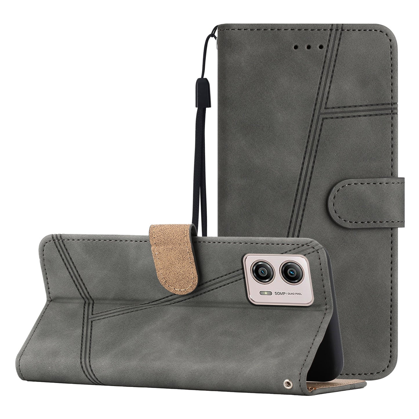 For Motorola Moto G73 5G Skin-touch Imprinted Line Cover with Wallet Stand PU Leather Phone Shell