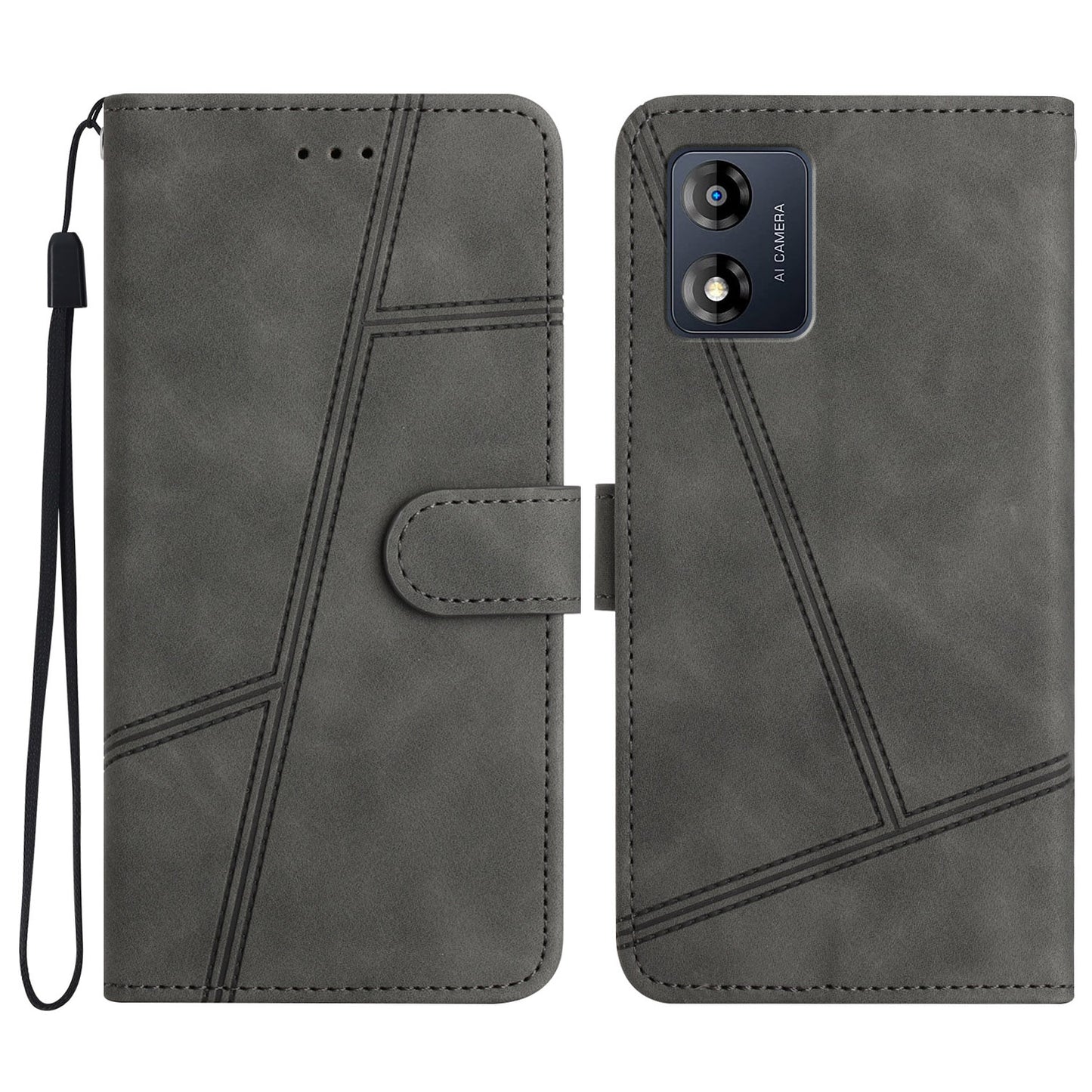 Phone Shell for Motorola Moto E13 4G Skin-touch PU Leather Imprinted Line Cover with Wallet Stand