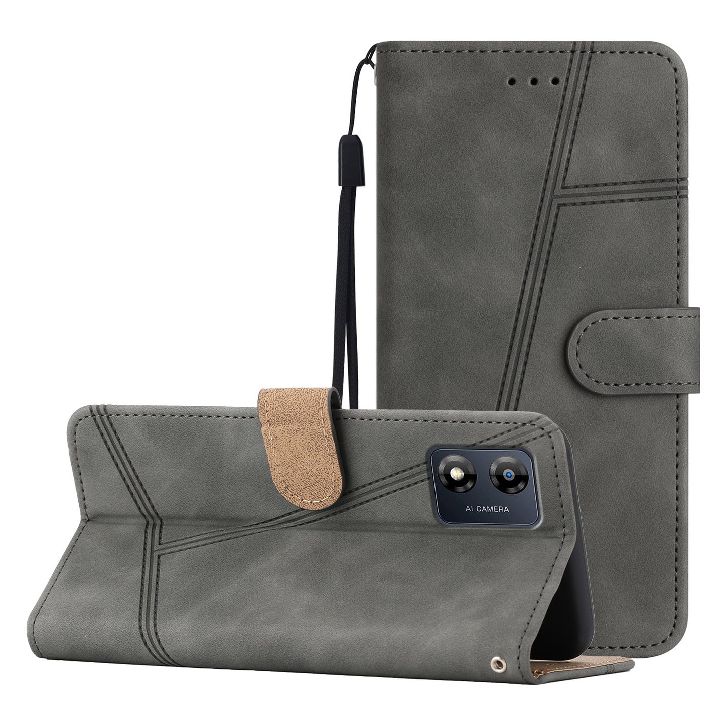 Phone Shell for Motorola Moto E13 4G Skin-touch PU Leather Imprinted Line Cover with Wallet Stand