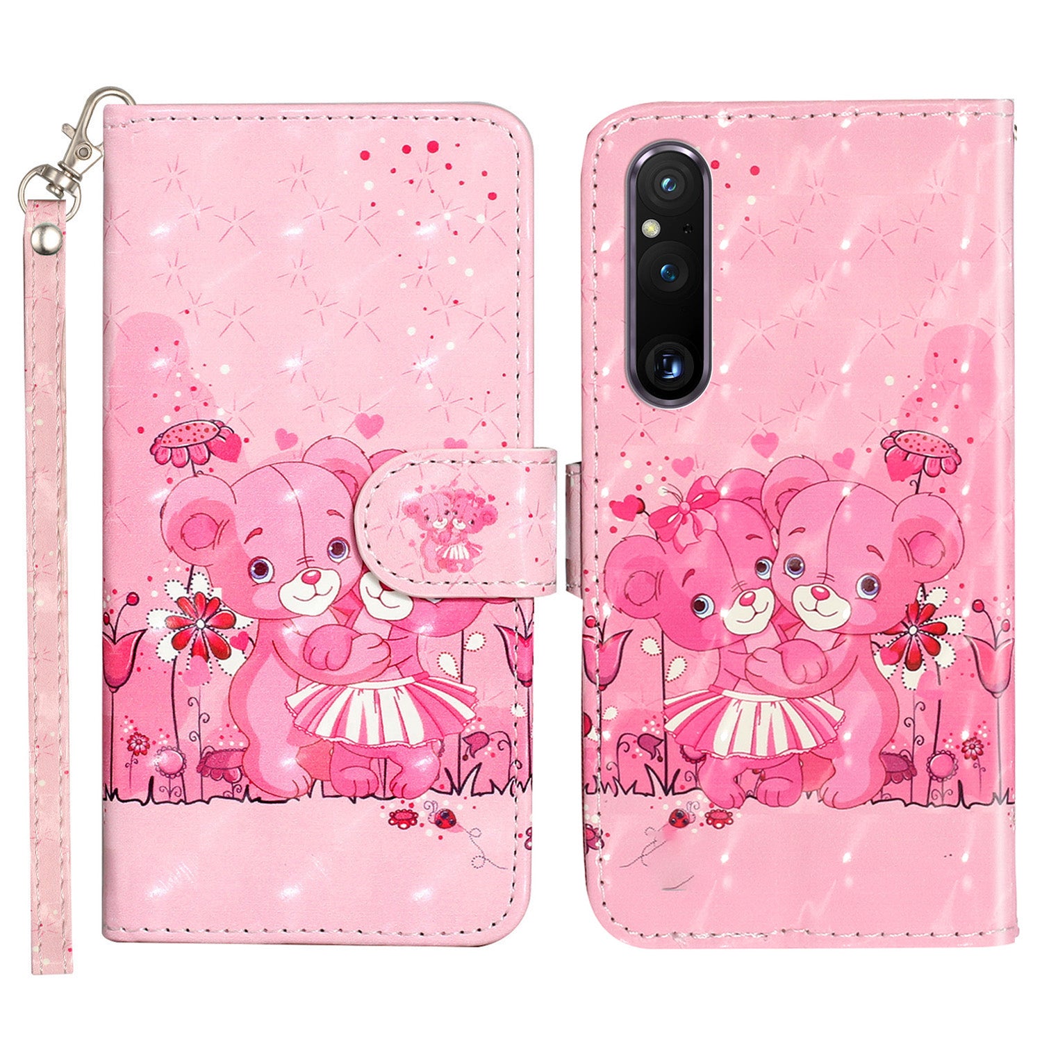 For Sony Xperia 1 V Shockproof PU Leather Wallet Case Folding Stand 3D Pattern Printing Phone Cover with Strap