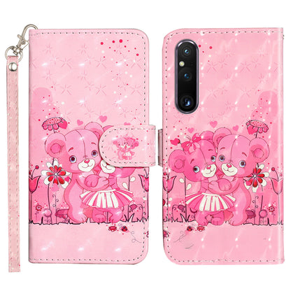 For Sony Xperia 1 V Shockproof PU Leather Wallet Case Folding Stand 3D Pattern Printing Phone Cover with Strap