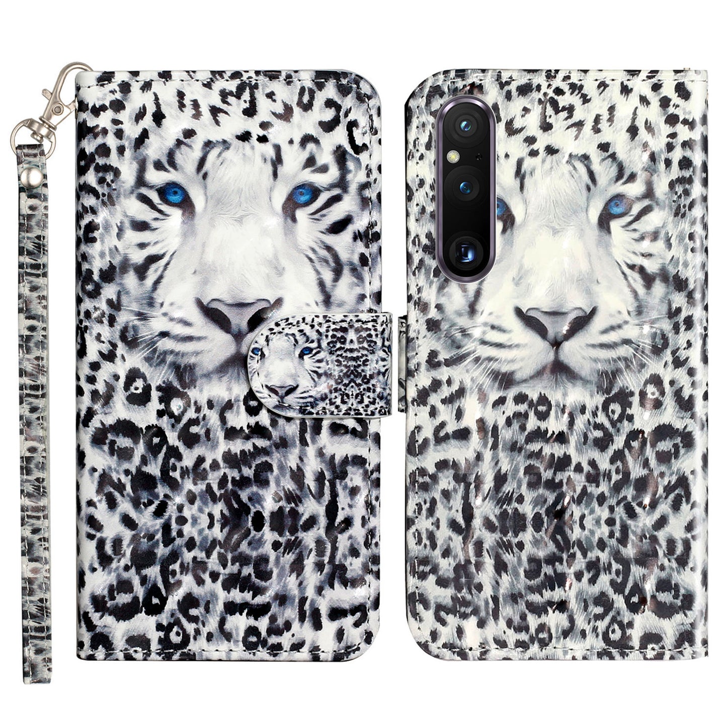 For Sony Xperia 1 V Shockproof PU Leather Wallet Case Folding Stand 3D Pattern Printing Phone Cover with Strap