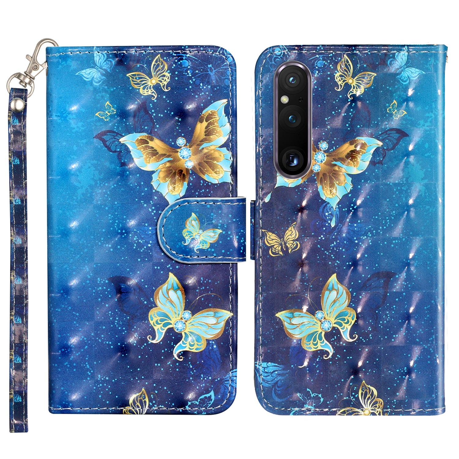 For Sony Xperia 1 V Shockproof PU Leather Wallet Case Folding Stand 3D Pattern Printing Phone Cover with Strap