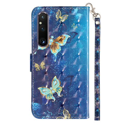 For Sony Xperia 1 V Shockproof PU Leather Wallet Case Folding Stand 3D Pattern Printing Phone Cover with Strap