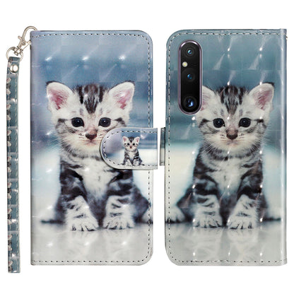For Sony Xperia 1 V Shockproof PU Leather Wallet Case Folding Stand 3D Pattern Printing Phone Cover with Strap