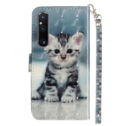 For Sony Xperia 1 V Shockproof PU Leather Wallet Case Folding Stand 3D Pattern Printing Phone Cover with Strap
