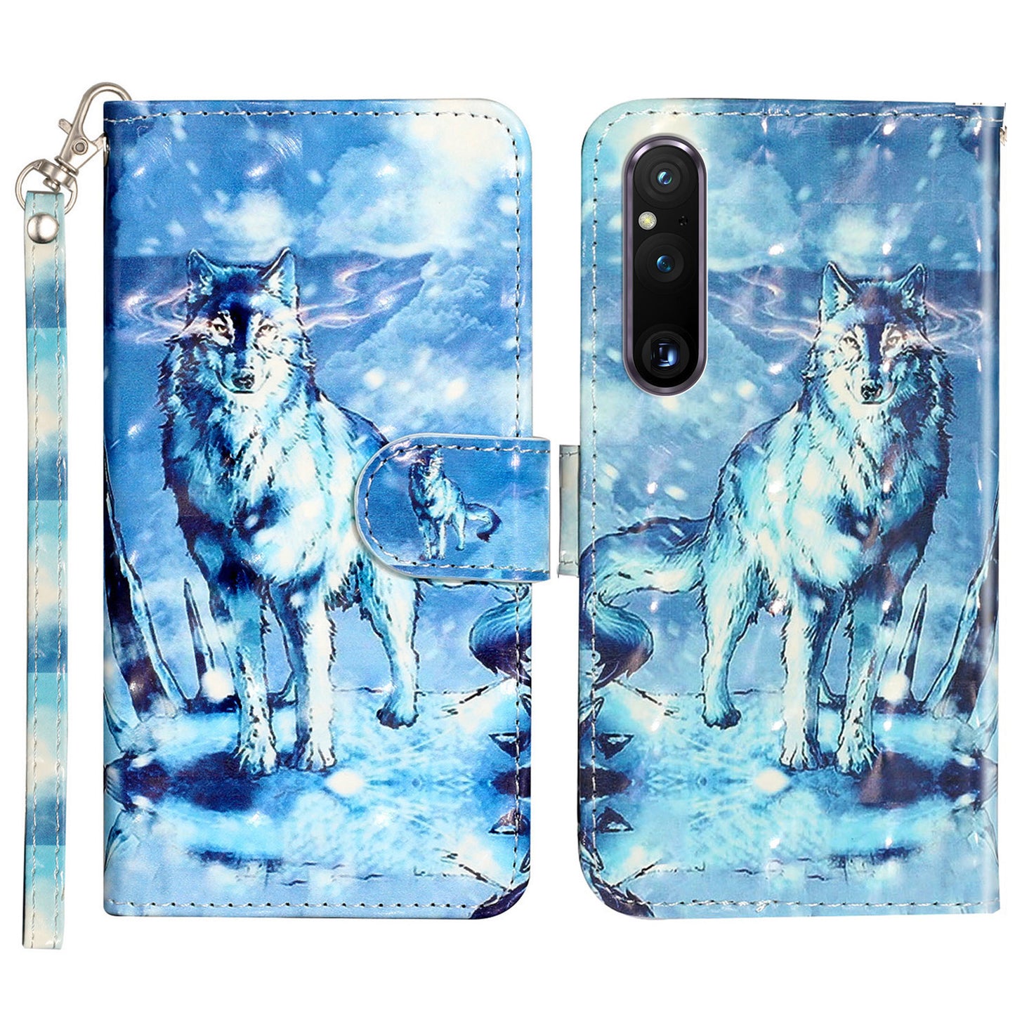 For Sony Xperia 1 V Shockproof PU Leather Wallet Case Folding Stand 3D Pattern Printing Phone Cover with Strap