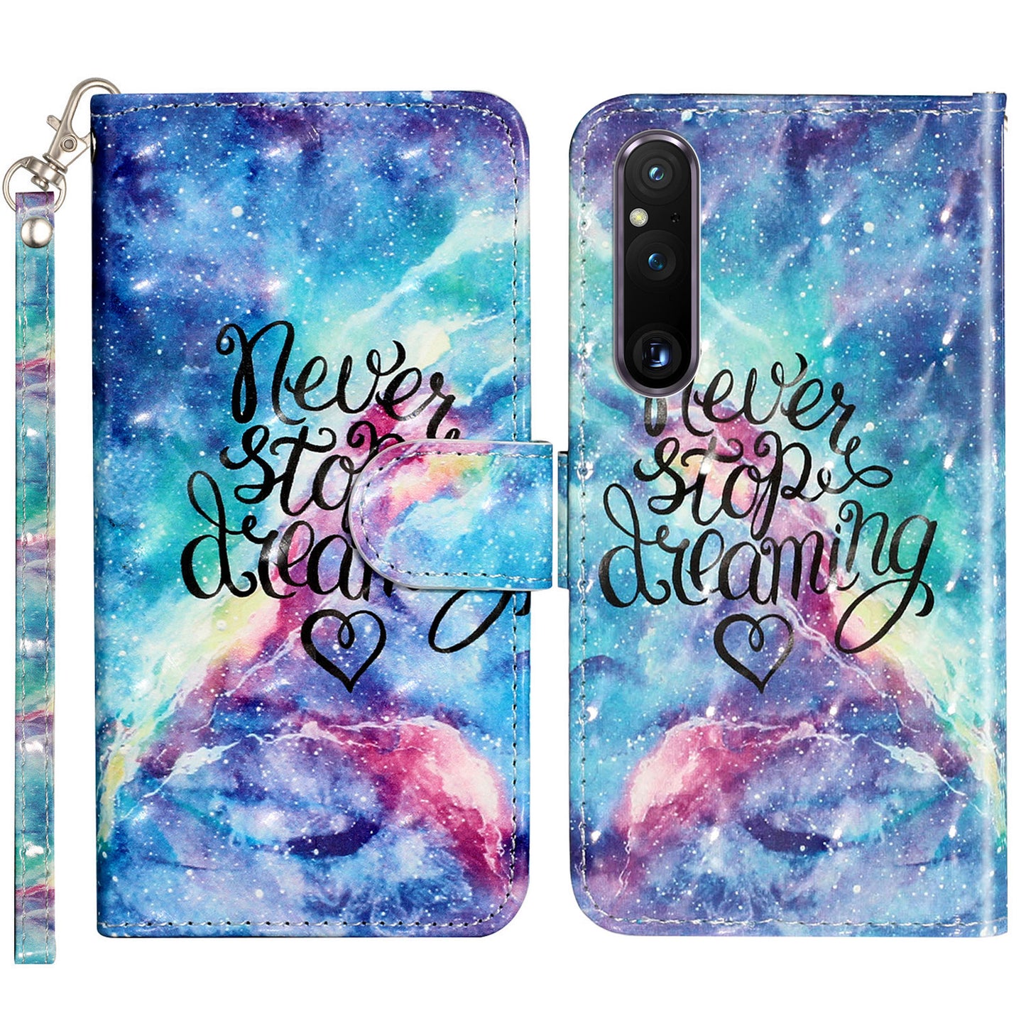 For Sony Xperia 1 V Shockproof PU Leather Wallet Case Folding Stand 3D Pattern Printing Phone Cover with Strap