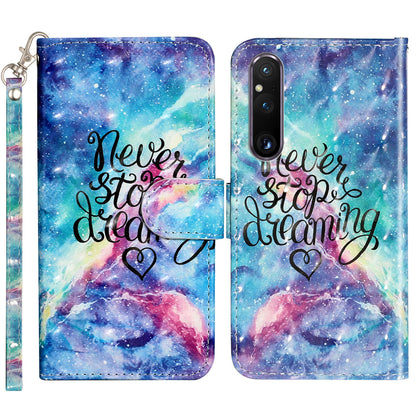 For Sony Xperia 1 V Shockproof PU Leather Wallet Case Folding Stand 3D Pattern Printing Phone Cover with Strap
