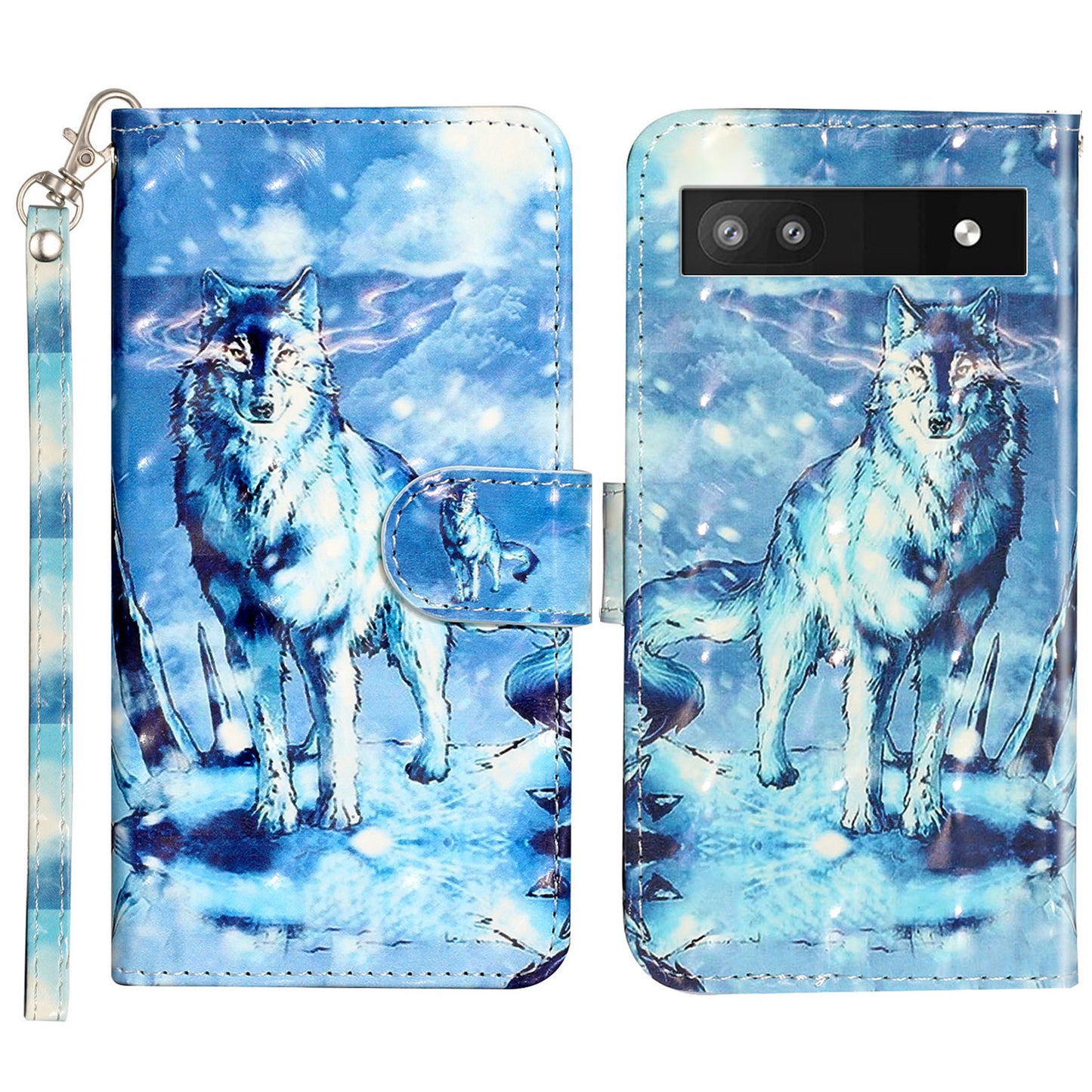 For Google Pixel 7a PU Leather 3D Pattern Printing Phone Case Stand Wallet Flip Cover with Strap