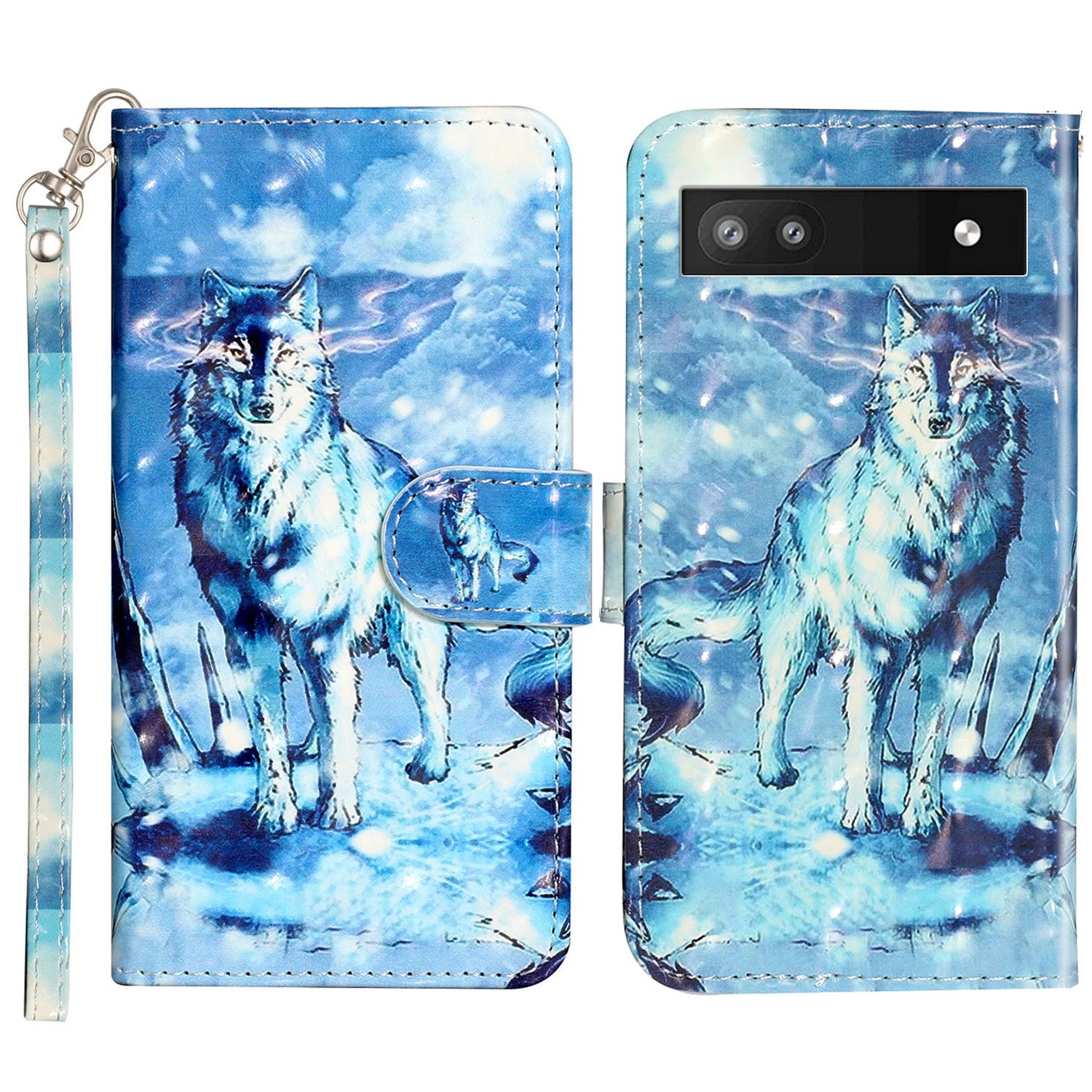 For Google Pixel 7a PU Leather 3D Pattern Printing Phone Case Stand Wallet Flip Cover with Strap