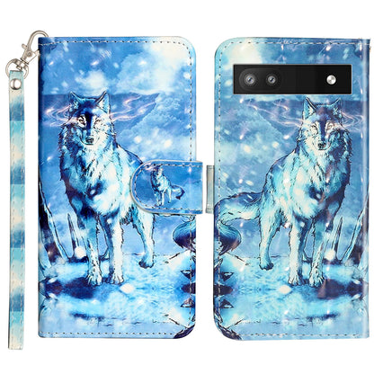 For Google Pixel 7a PU Leather 3D Pattern Printing Phone Case Stand Wallet Flip Cover with Strap