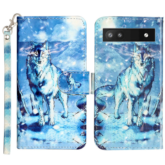 For Google Pixel 7a PU Leather 3D Pattern Printing Phone Case Stand Wallet Flip Cover with Strap