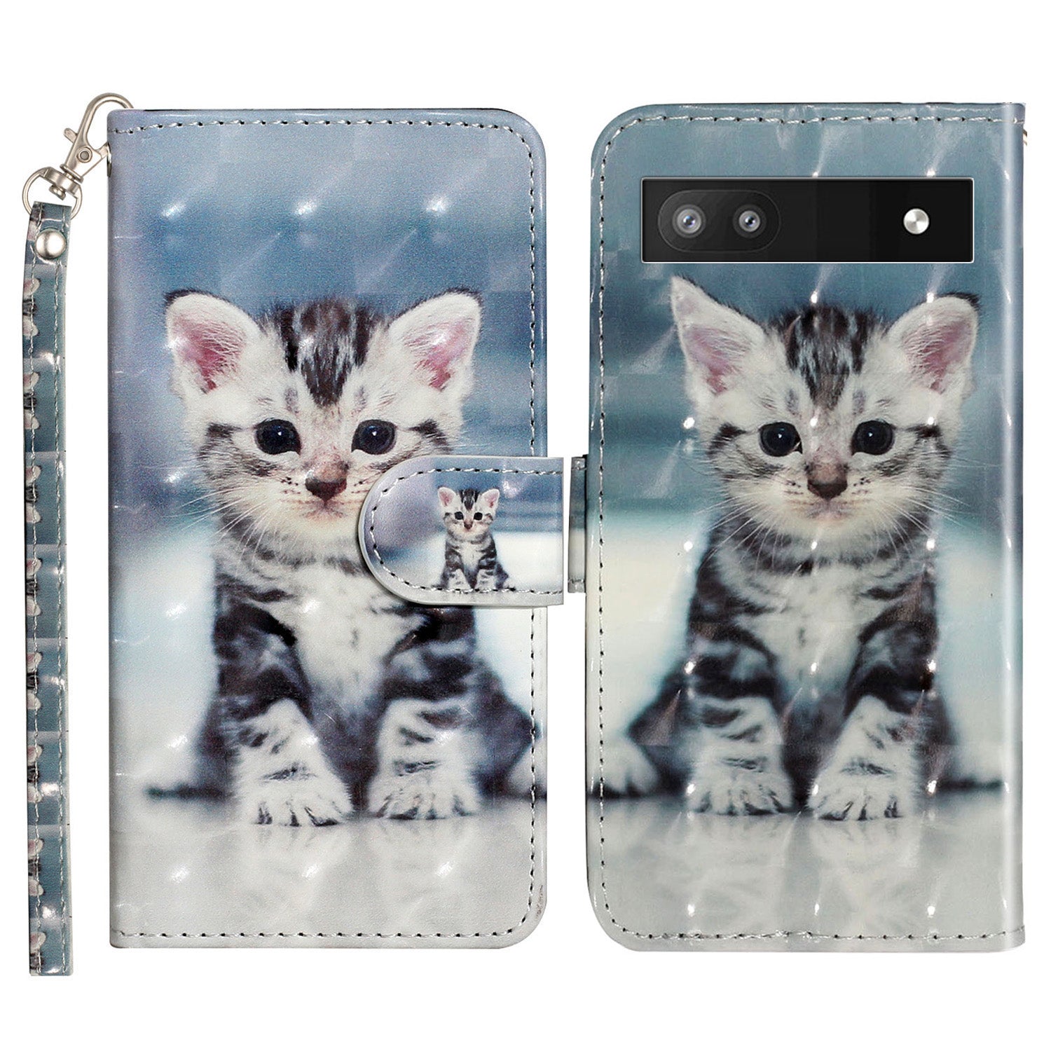 For Google Pixel 7a PU Leather 3D Pattern Printing Phone Case Stand Wallet Flip Cover with Strap