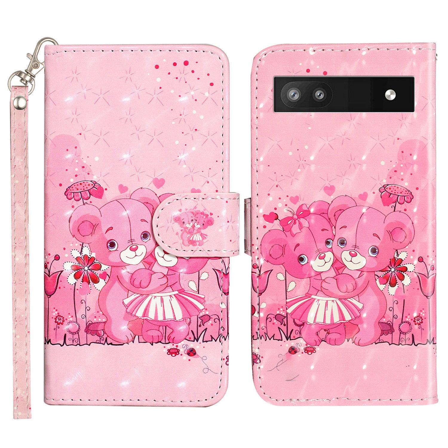 For Google Pixel 7a PU Leather 3D Pattern Printing Phone Case Stand Wallet Flip Cover with Strap