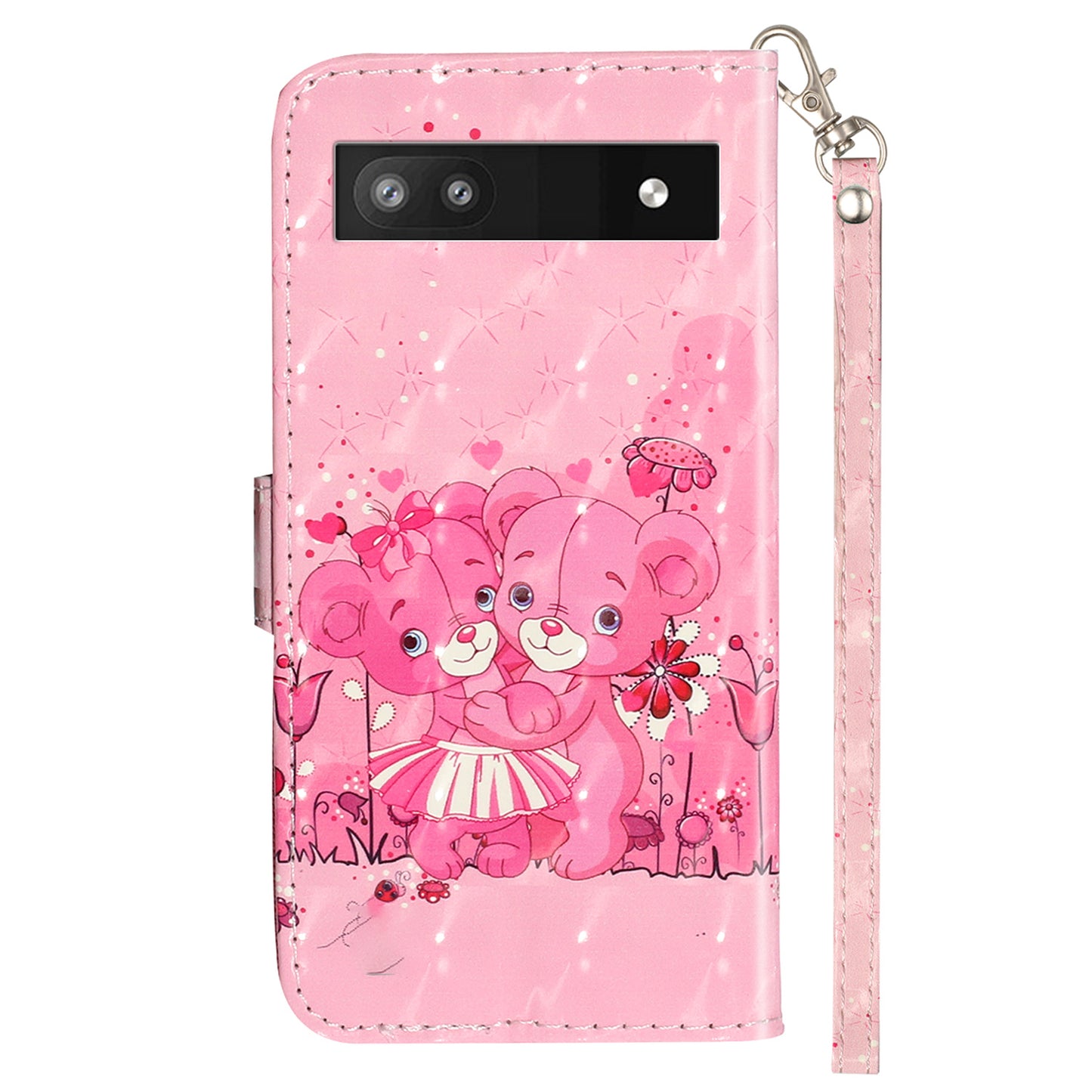 For Google Pixel 7a PU Leather 3D Pattern Printing Phone Case Stand Wallet Flip Cover with Strap