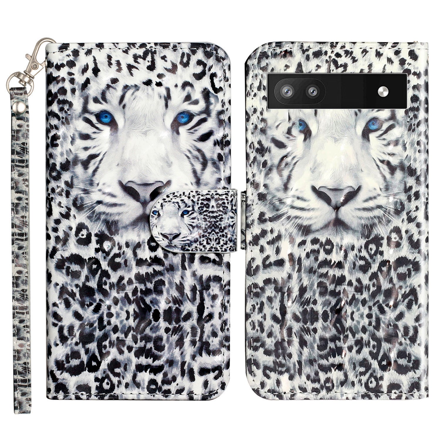 For Google Pixel 7a PU Leather 3D Pattern Printing Phone Case Stand Wallet Flip Cover with Strap