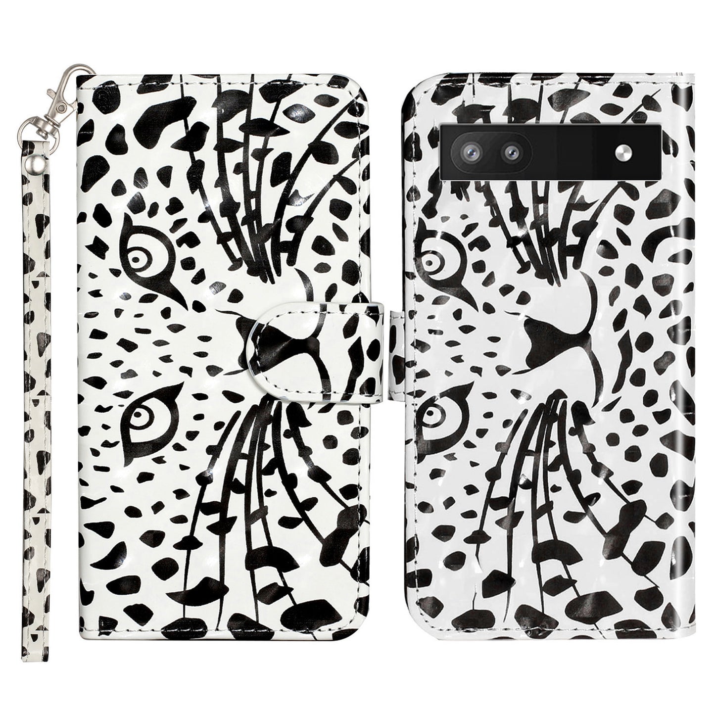 For Google Pixel 7a PU Leather 3D Pattern Printing Phone Case Stand Wallet Flip Cover with Strap
