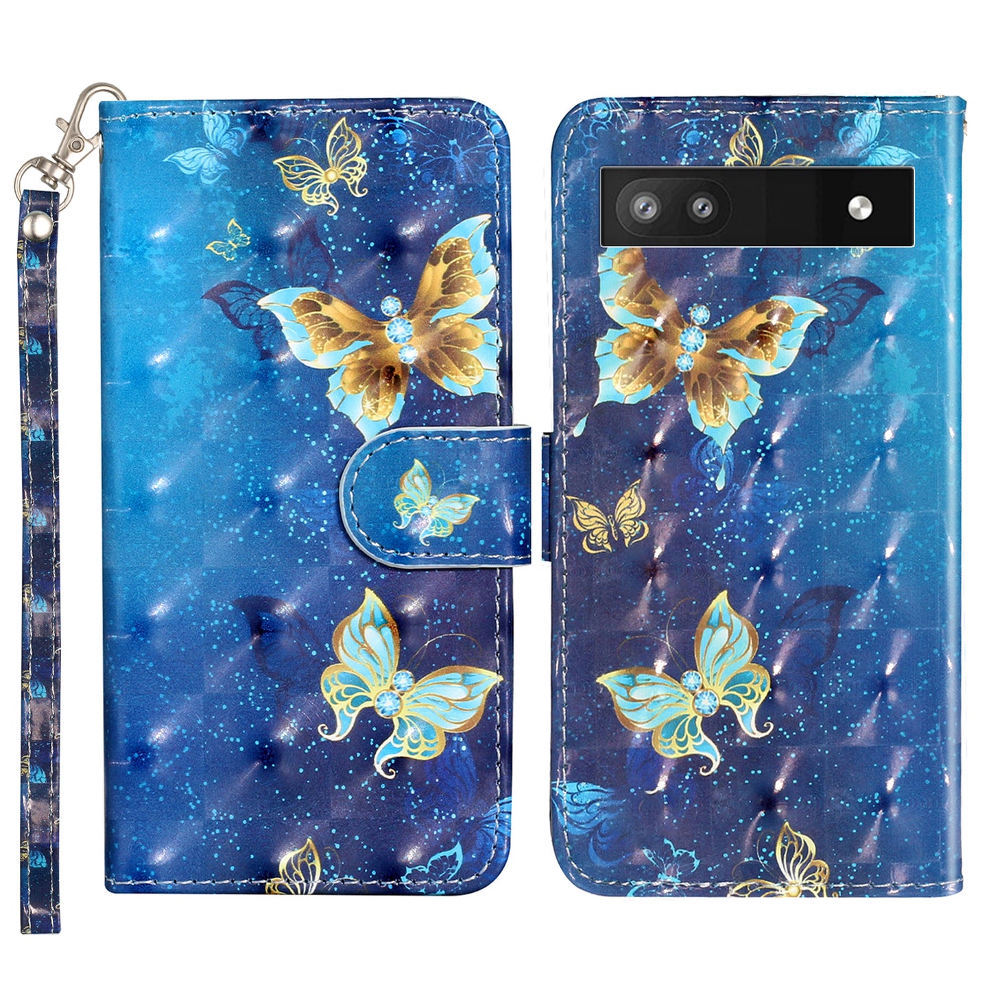 For Google Pixel 7a PU Leather 3D Pattern Printing Phone Case Stand Wallet Flip Cover with Strap