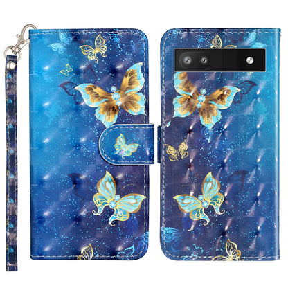 For Google Pixel 7a PU Leather 3D Pattern Printing Phone Case Stand Wallet Flip Cover with Strap