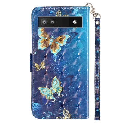 For Google Pixel 7a PU Leather 3D Pattern Printing Phone Case Stand Wallet Flip Cover with Strap