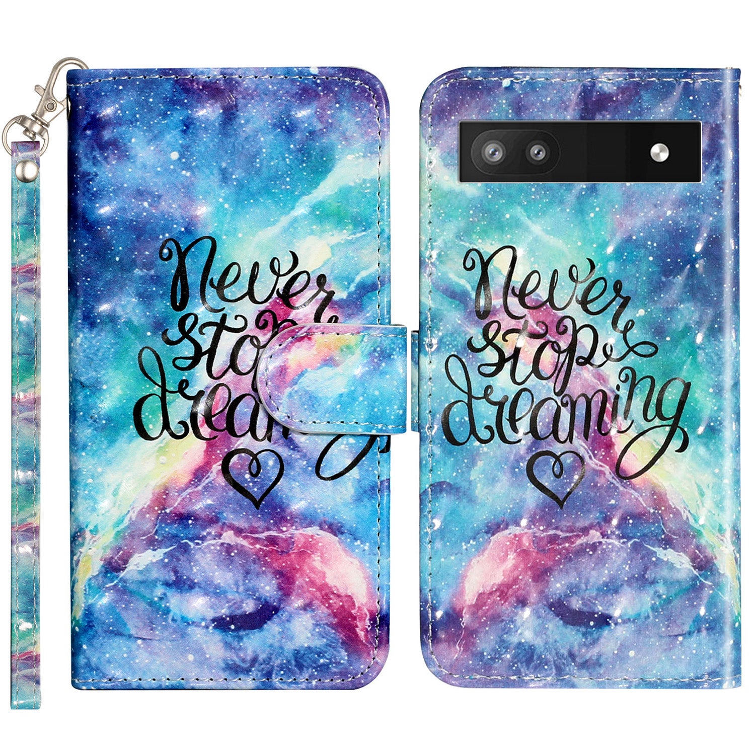 For Google Pixel 7a PU Leather 3D Pattern Printing Phone Case Stand Wallet Flip Cover with Strap