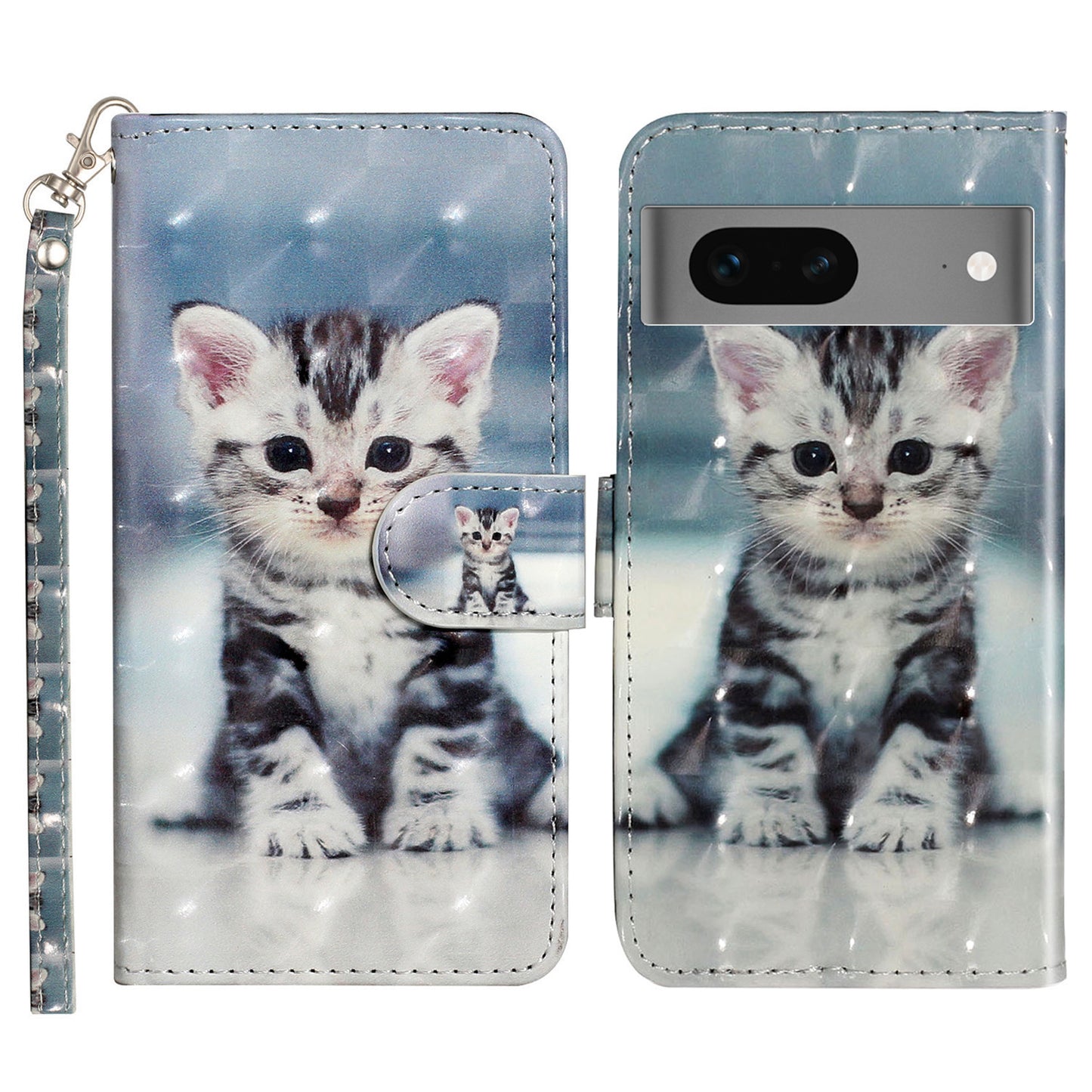 For Google Pixel 7 5G PU Leather Flip Wallet Case 3D Pattern Printing Stand Phone Cover with Strap
