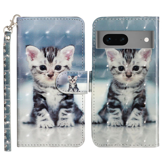 For Google Pixel 7 5G PU Leather Flip Wallet Case 3D Pattern Printing Stand Phone Cover with Strap