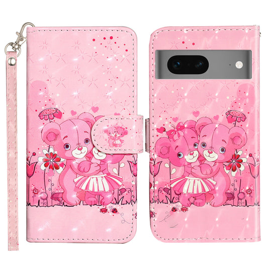 For Google Pixel 7 5G PU Leather Flip Wallet Case 3D Pattern Printing Stand Phone Cover with Strap
