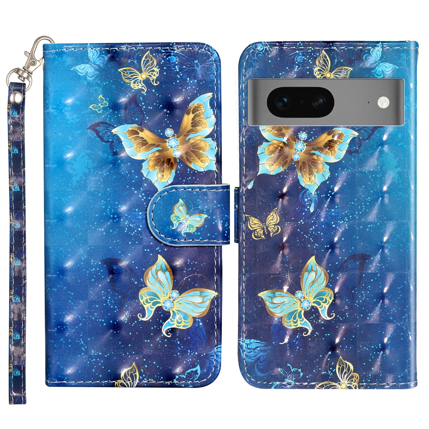 For Google Pixel 7 5G PU Leather Flip Wallet Case 3D Pattern Printing Stand Phone Cover with Strap