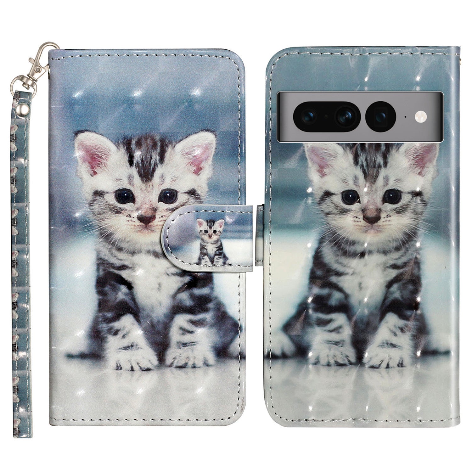 For Google Pixel 7 Pro 5G Flip Stand Phone Case 3D Pattern Printing PU Leather Wallet Phone Folio Cover with Strap
