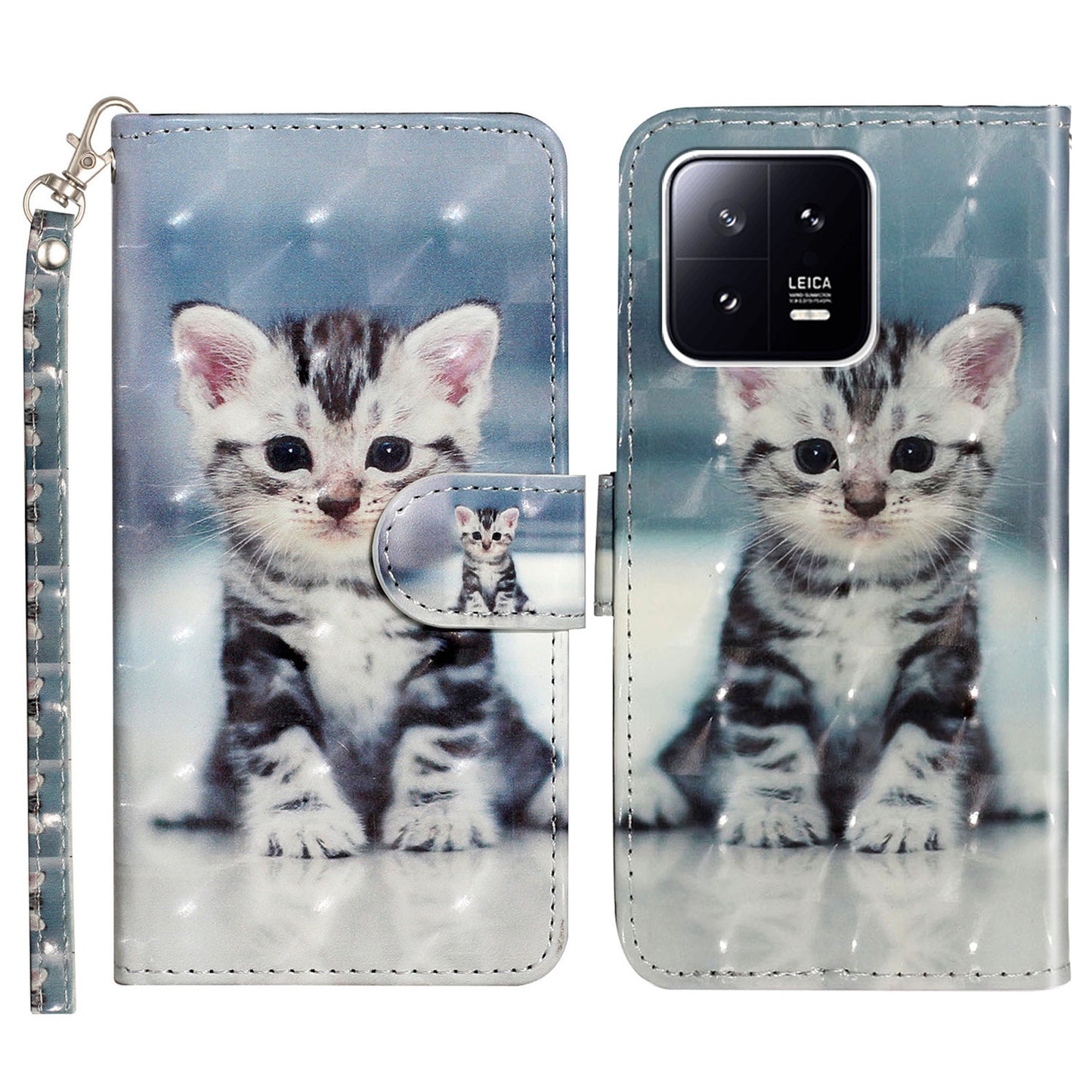 For Xiaomi 13 5G Shockproof Phone Case 3D Pattern Printing PU Leather Wallet Flip Stand Cover with Strap