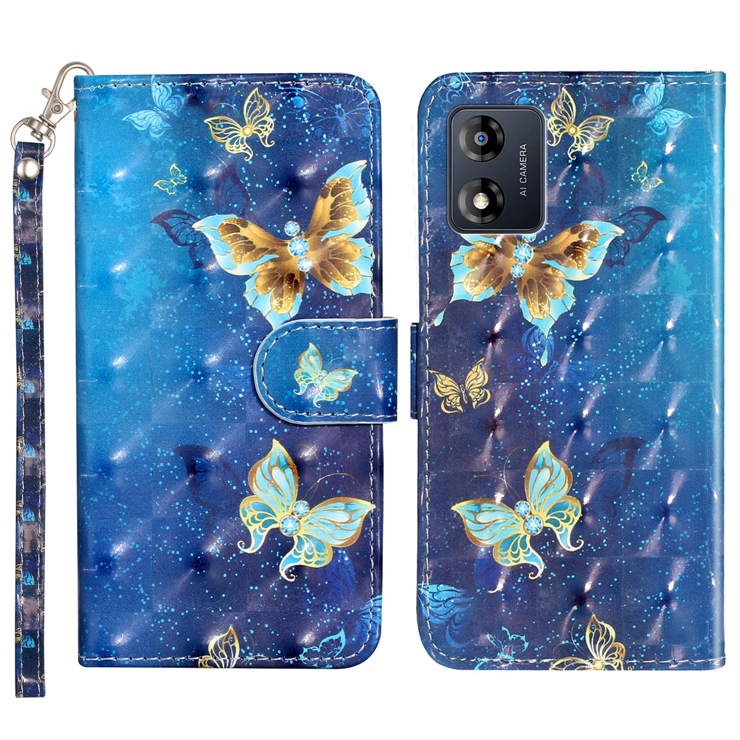 For Motorola Moto E13 4G PU Leather Phone Cover 3D Pattern Printing Wallet Stand Phone Case with Strap