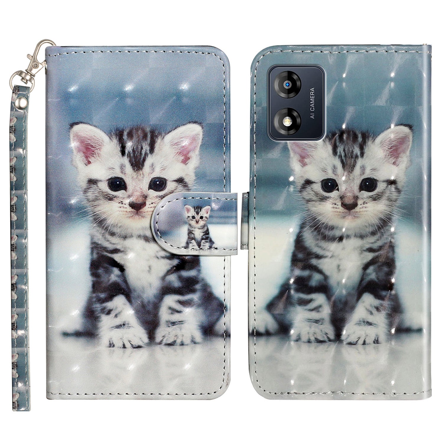 For Motorola Moto E13 4G PU Leather Phone Cover 3D Pattern Printing Wallet Stand Phone Case with Strap