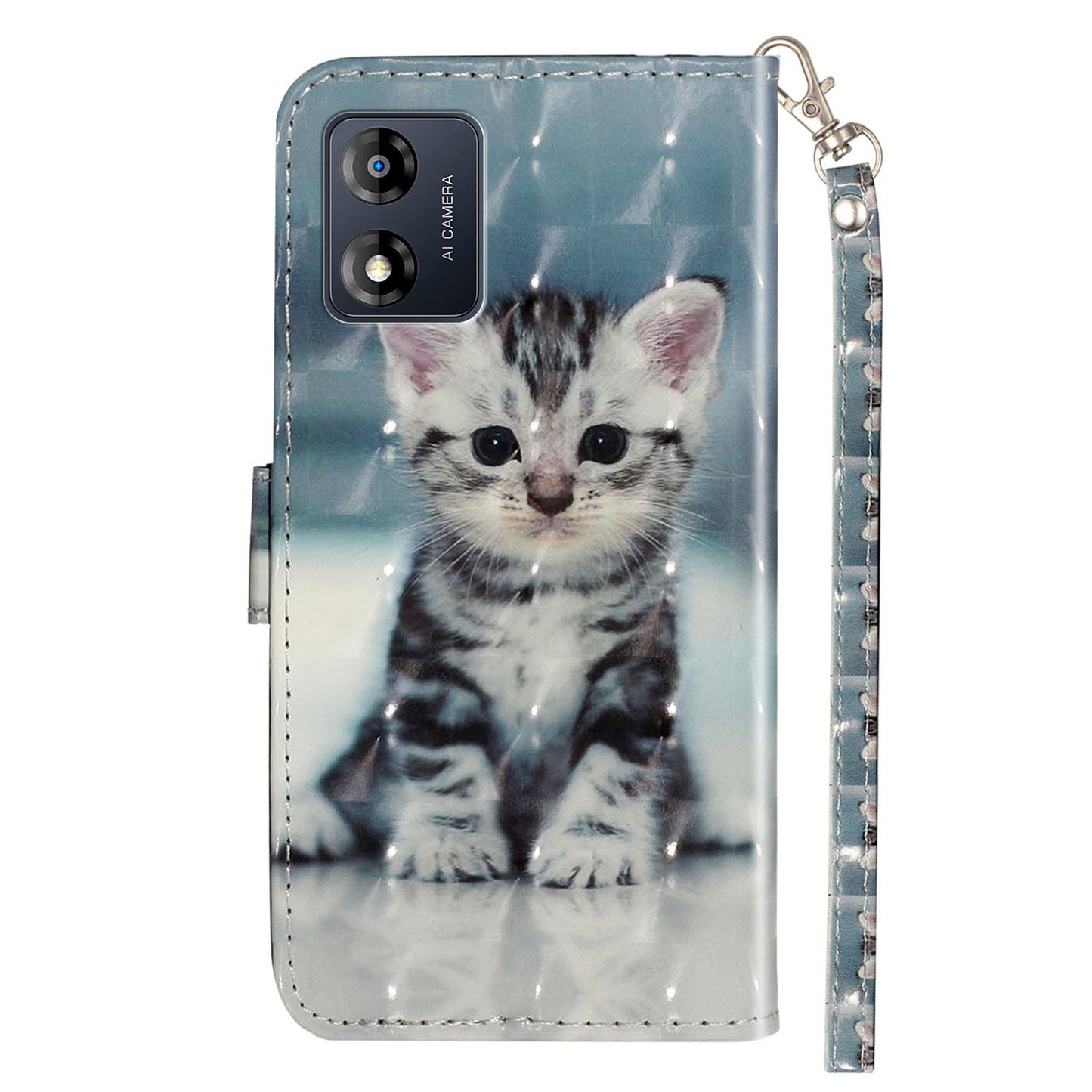 For Motorola Moto E13 4G PU Leather Phone Cover 3D Pattern Printing Wallet Stand Phone Case with Strap