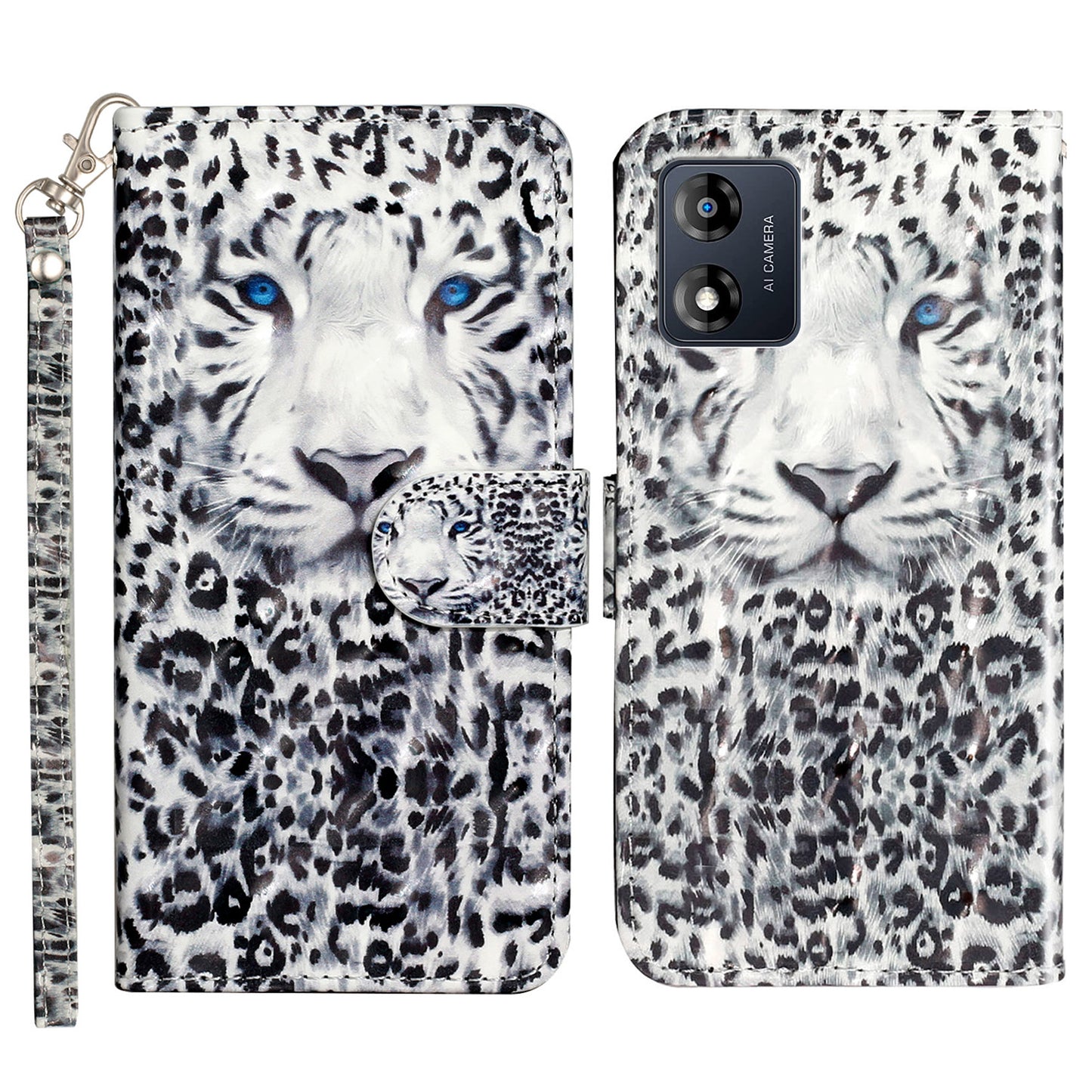 For Motorola Moto E13 4G PU Leather Phone Cover 3D Pattern Printing Wallet Stand Phone Case with Strap