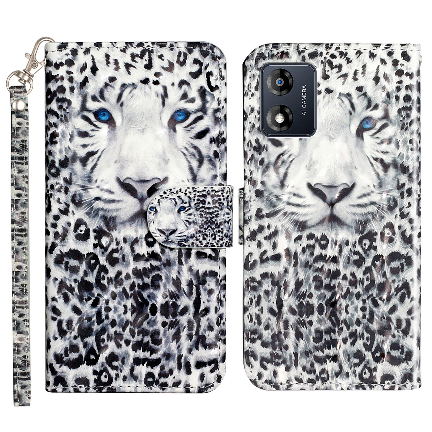 For Motorola Moto E13 4G PU Leather Phone Cover 3D Pattern Printing Wallet Stand Phone Case with Strap