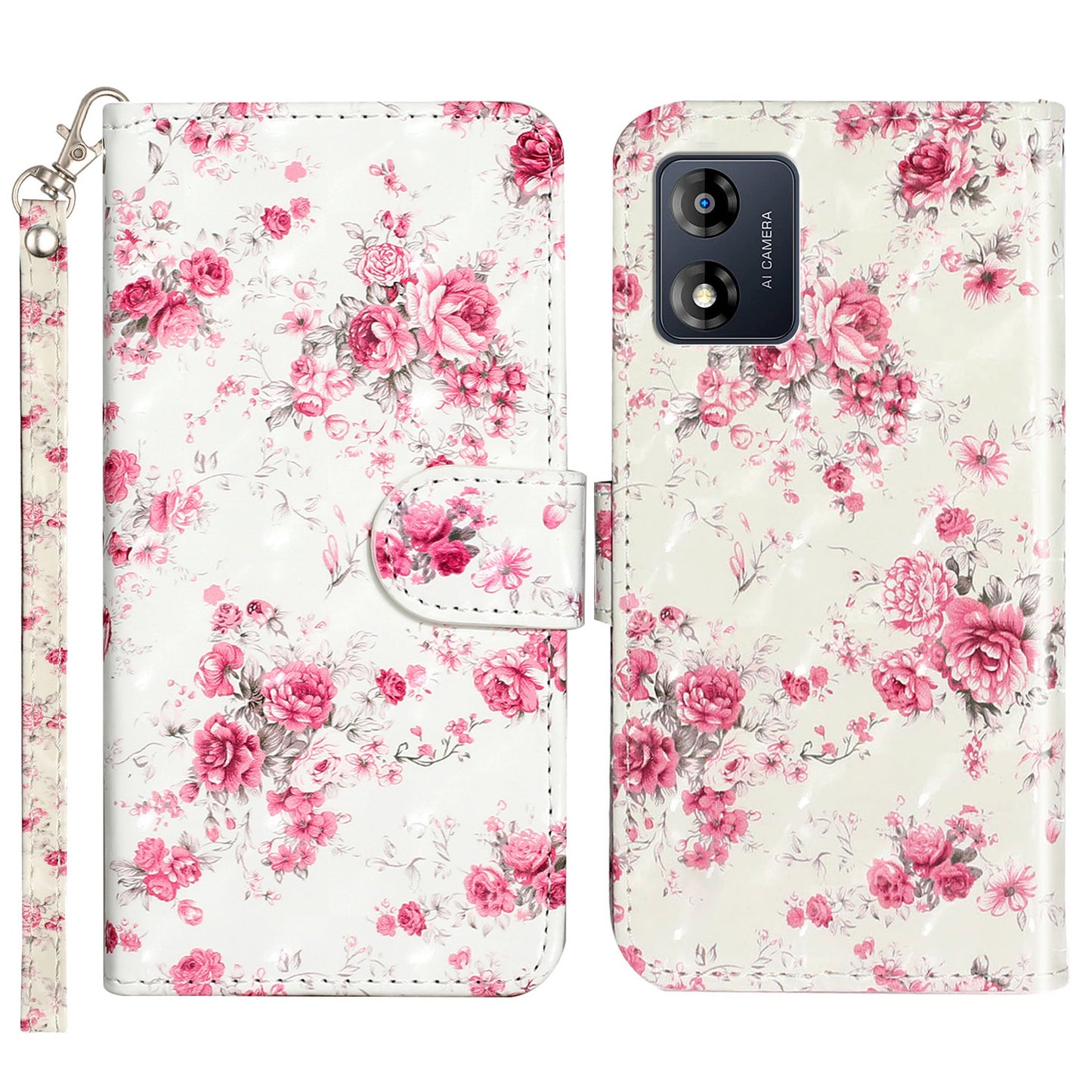 For Motorola Moto E13 4G PU Leather Phone Cover 3D Pattern Printing Wallet Stand Phone Case with Strap