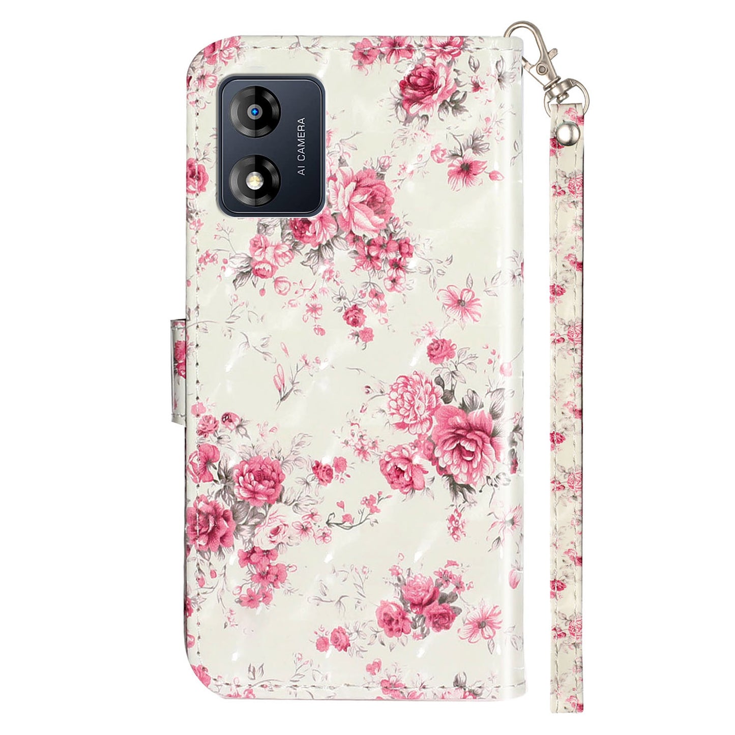 For Motorola Moto E13 4G PU Leather Phone Cover 3D Pattern Printing Wallet Stand Phone Case with Strap