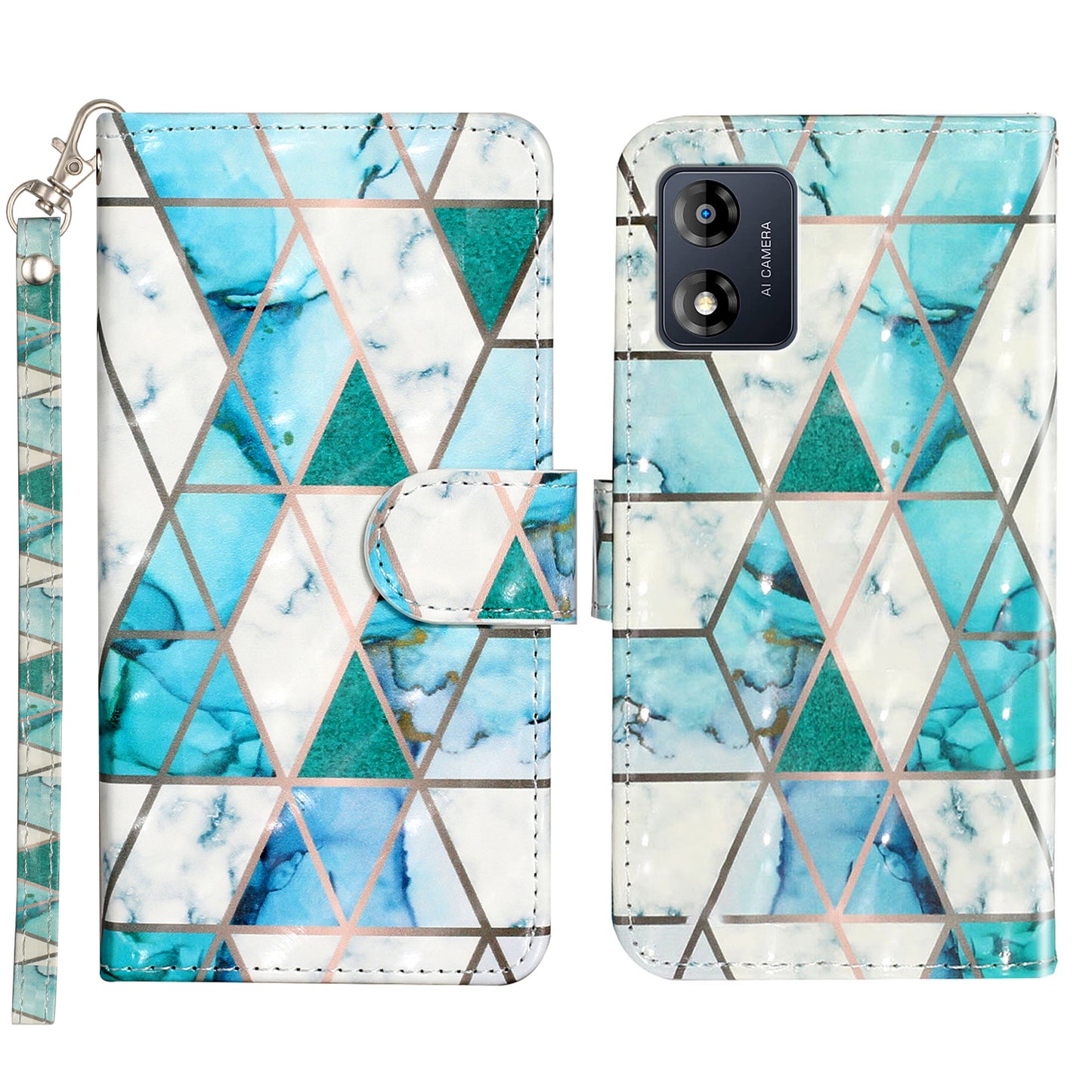 For Motorola Moto E13 4G PU Leather Phone Cover 3D Pattern Printing Wallet Stand Phone Case with Strap
