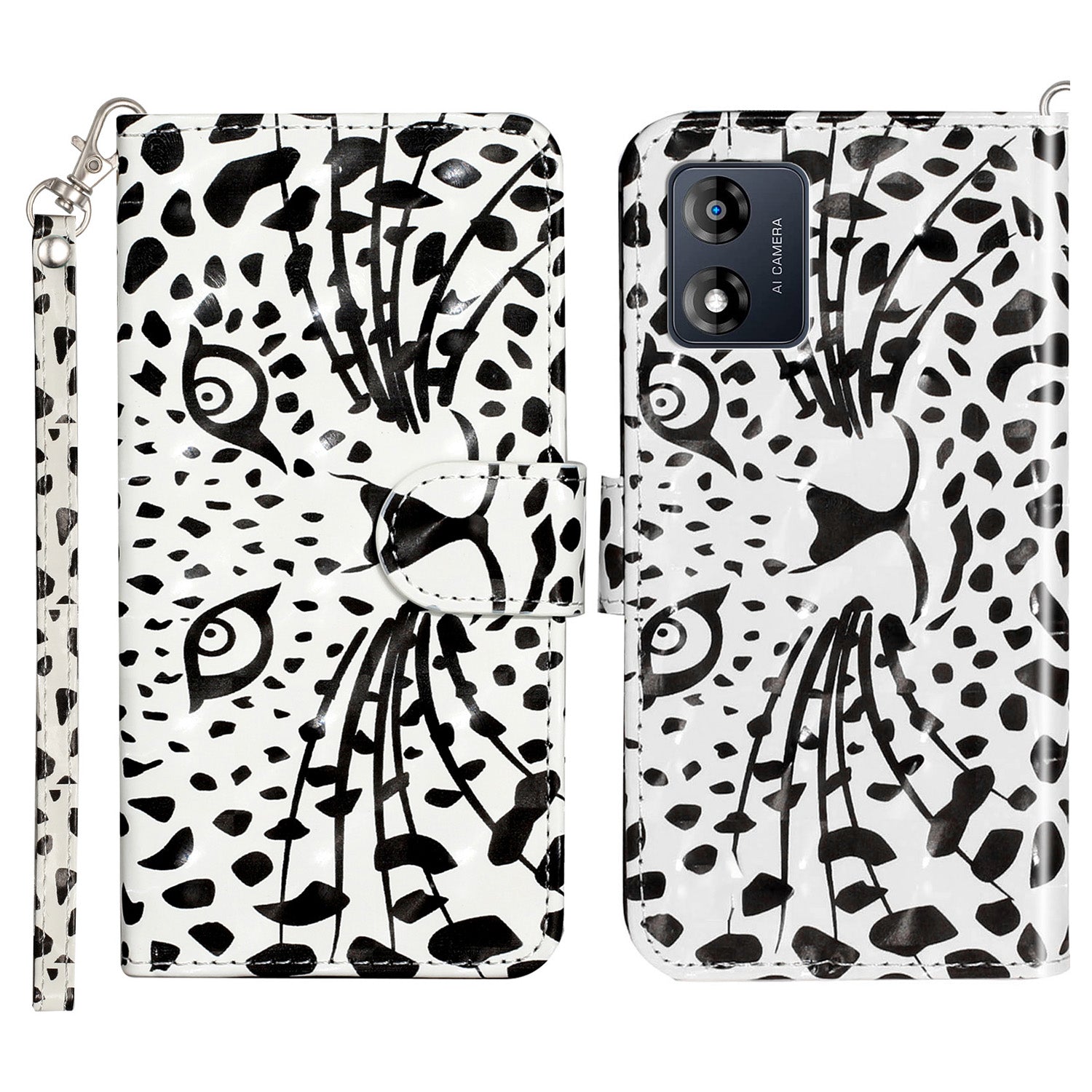 For Motorola Moto E13 4G PU Leather Phone Cover 3D Pattern Printing Wallet Stand Phone Case with Strap