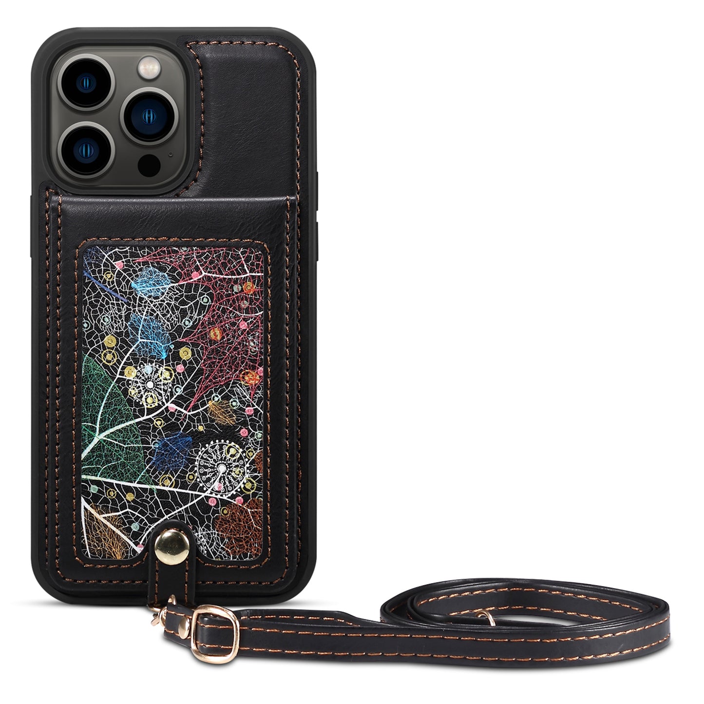 For iPhone 14 Pro Kickstand Phone Case Card Holder Leather Coated TPU Cover with Shoulder Strap