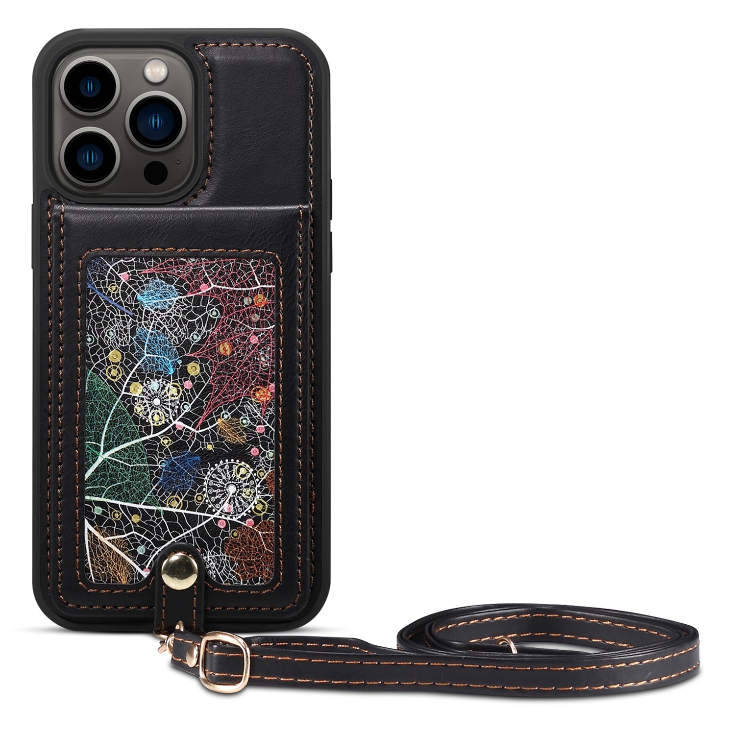 For iPhone 14 Pro Kickstand Phone Case Card Holder Leather Coated TPU Cover with Shoulder Strap