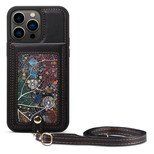 For iPhone 14 Pro Kickstand Phone Case Card Holder Leather Coated TPU Cover with Shoulder Strap