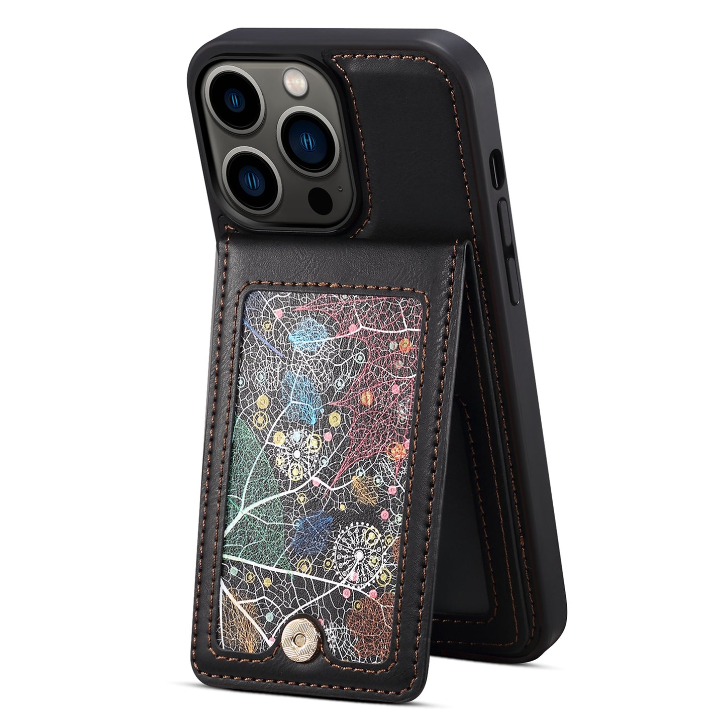For iPhone 14 Pro Kickstand Phone Case Card Holder Leather Coated TPU Cover with Shoulder Strap