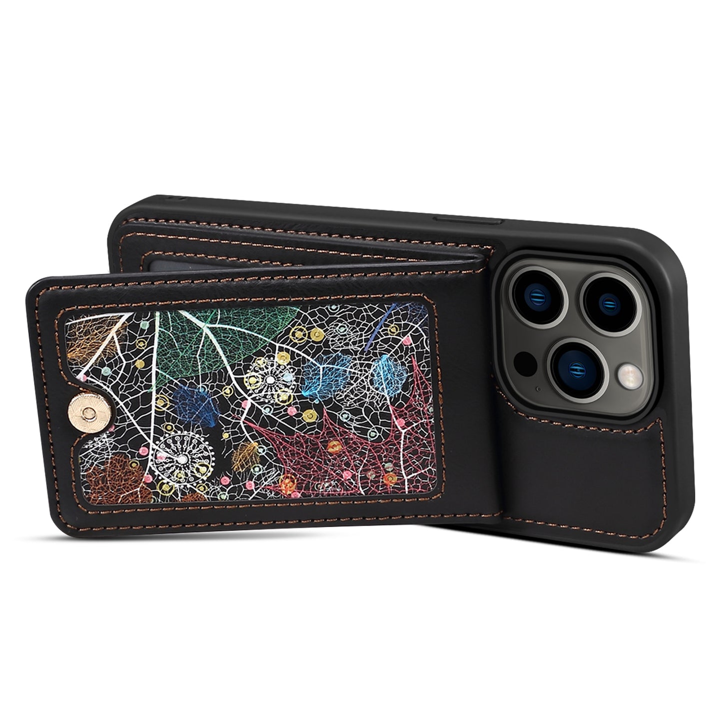 For iPhone 14 Pro Kickstand Phone Case Card Holder Leather Coated TPU Cover with Shoulder Strap