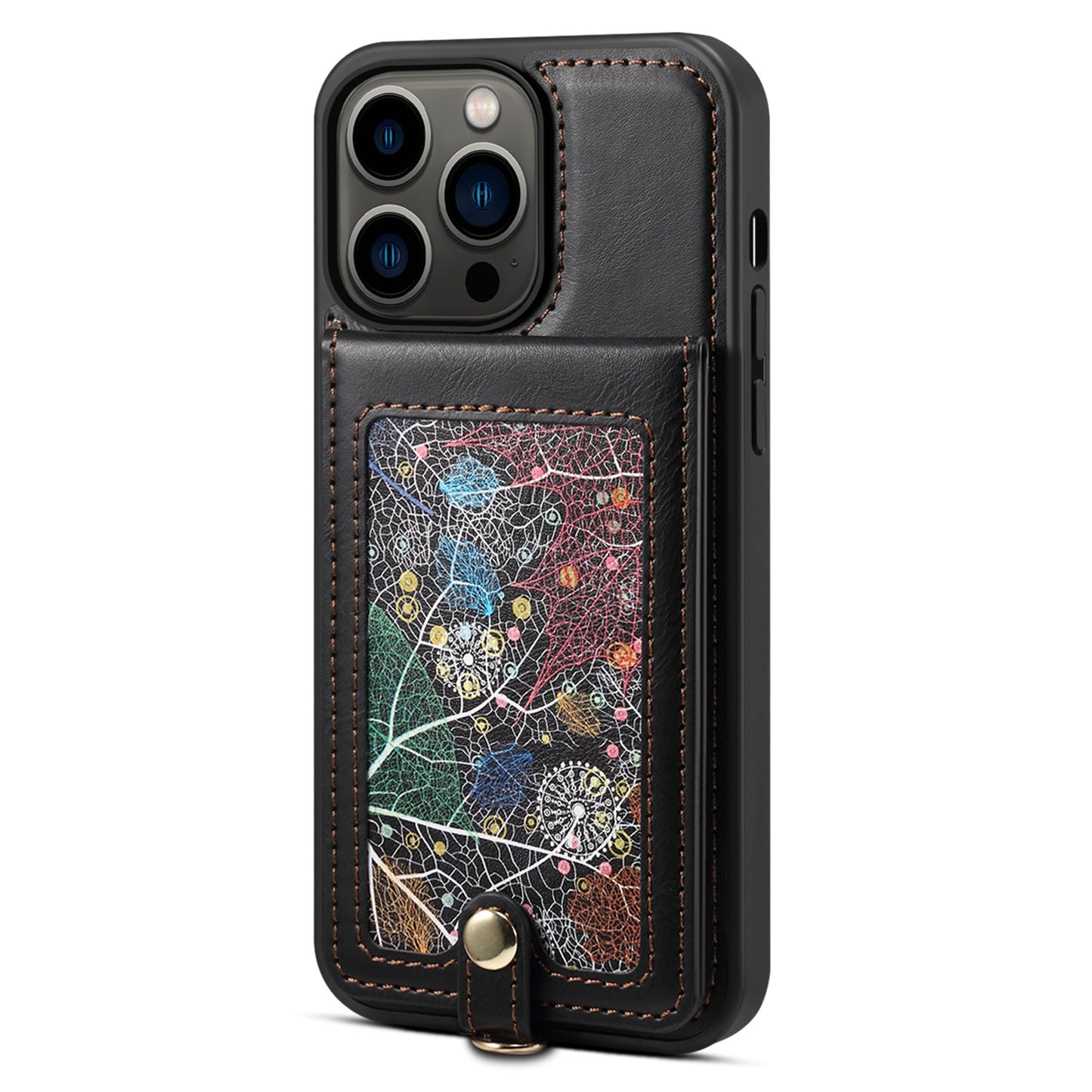 For iPhone 14 Pro Kickstand Phone Case Card Holder Leather Coated TPU Cover with Shoulder Strap